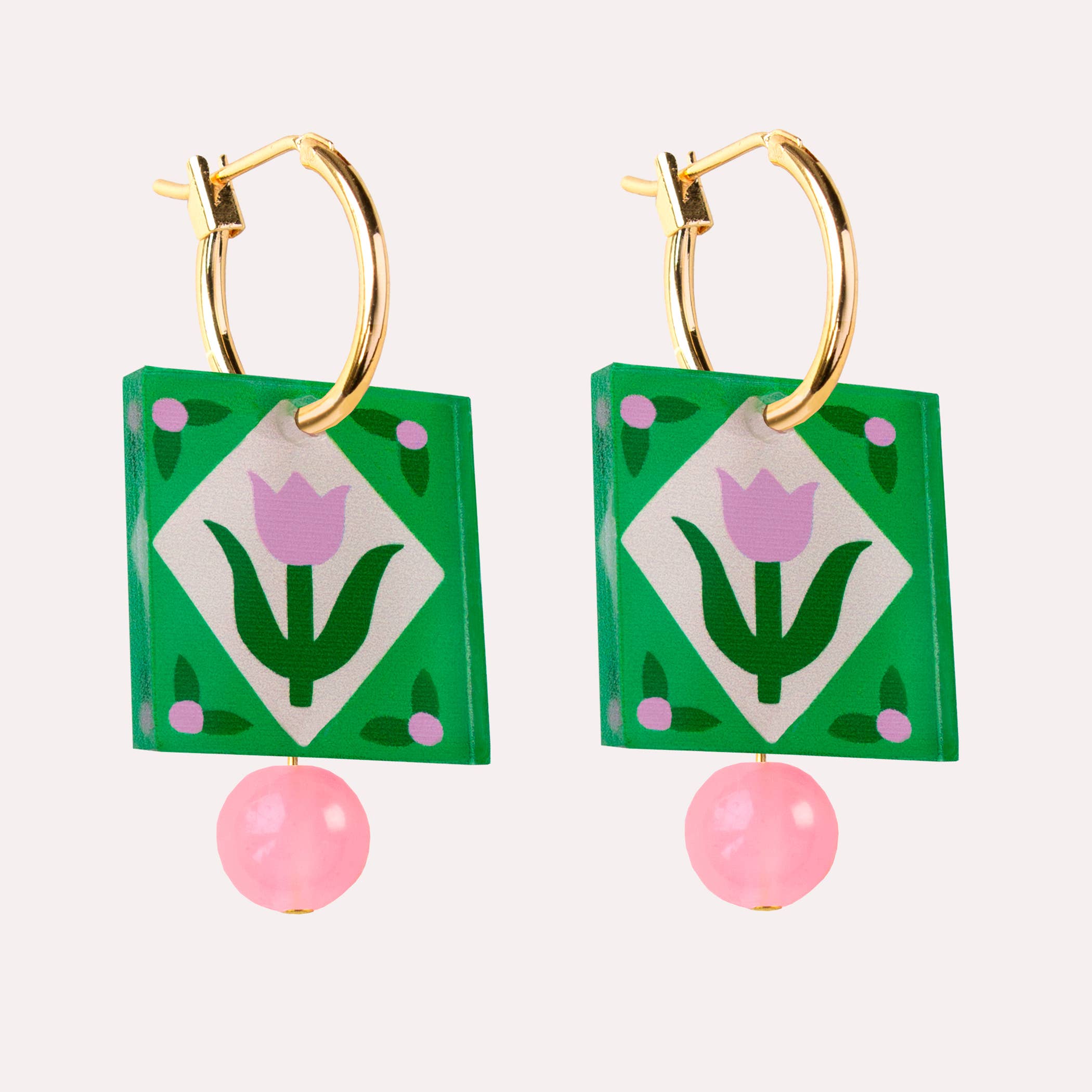 Square Gold Folk Floral Hoop Earrings - Green