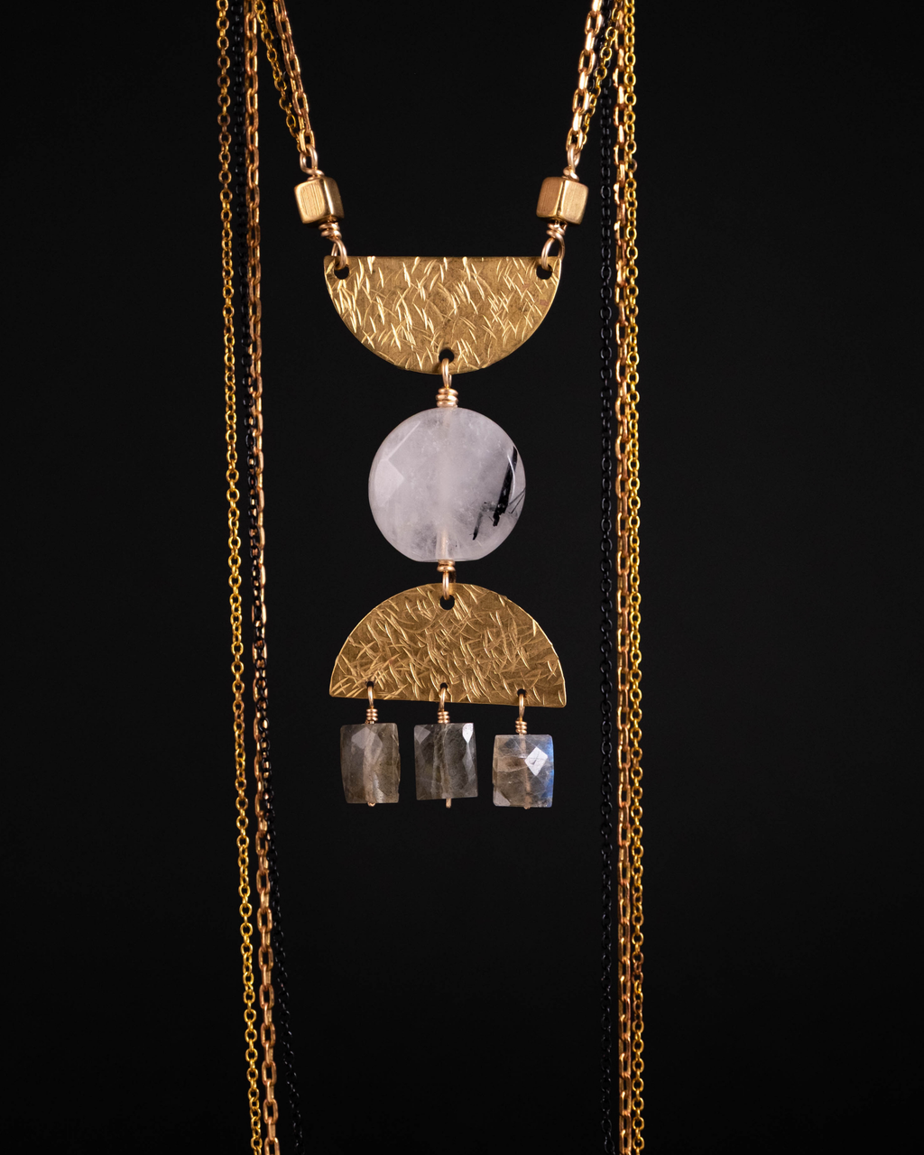Cutting Shapes Necklace - Brass, Rutilated Quartz & Labradorite