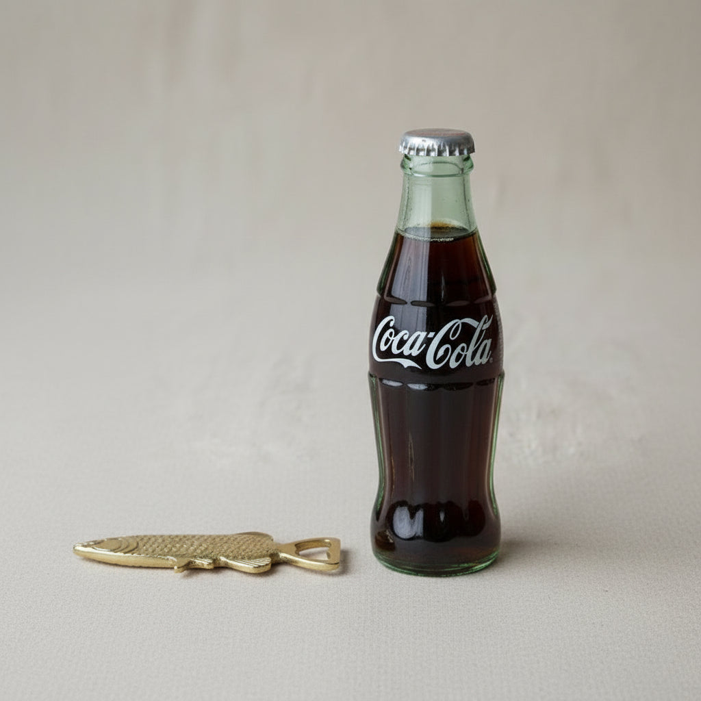 Brass fish-shaped bottle opener on a light fabric background