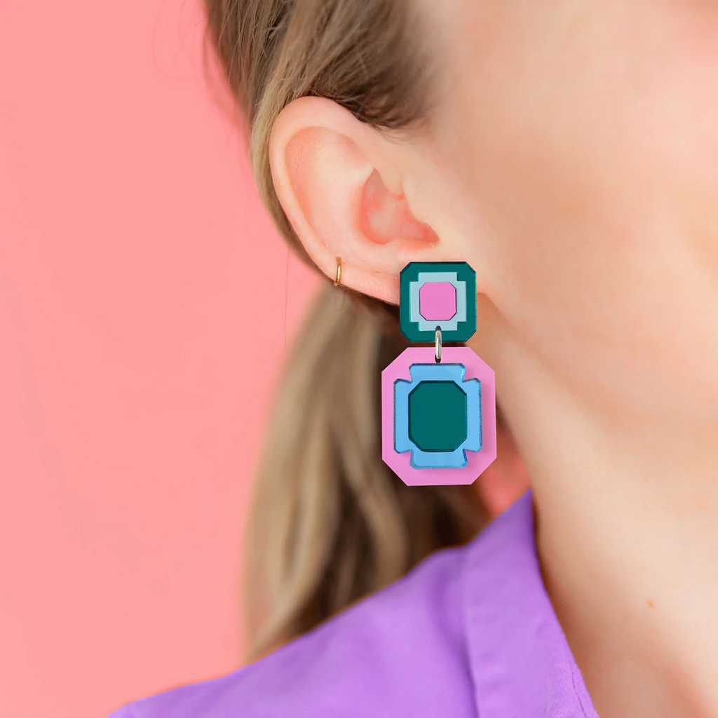 Large Gem Drop Earrings - Blue & Pink