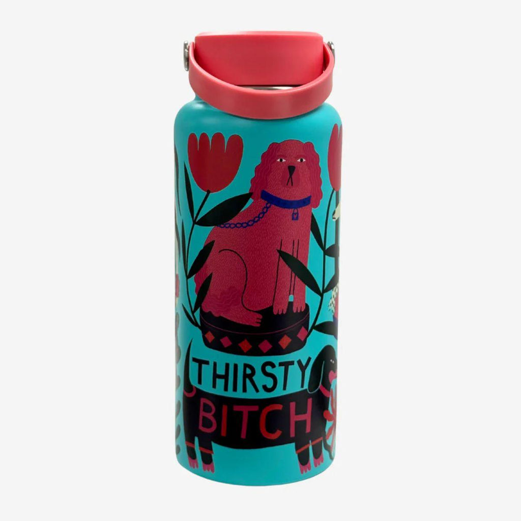 Turquoise water bottle with red dog illustration and pink lid on a white background