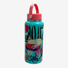 Colorful water bottle with a red lid on a white background