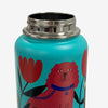Turquoise water bottle with red dog and flower design on a white background