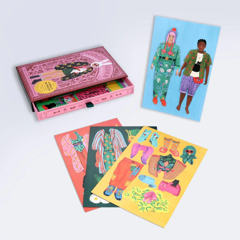 Colorful card set with illustrations of people and clothing on a white background