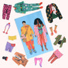 Colorful paper dolls with accessories on a white background