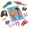 Colorful paper dolls and clothing set on a white background