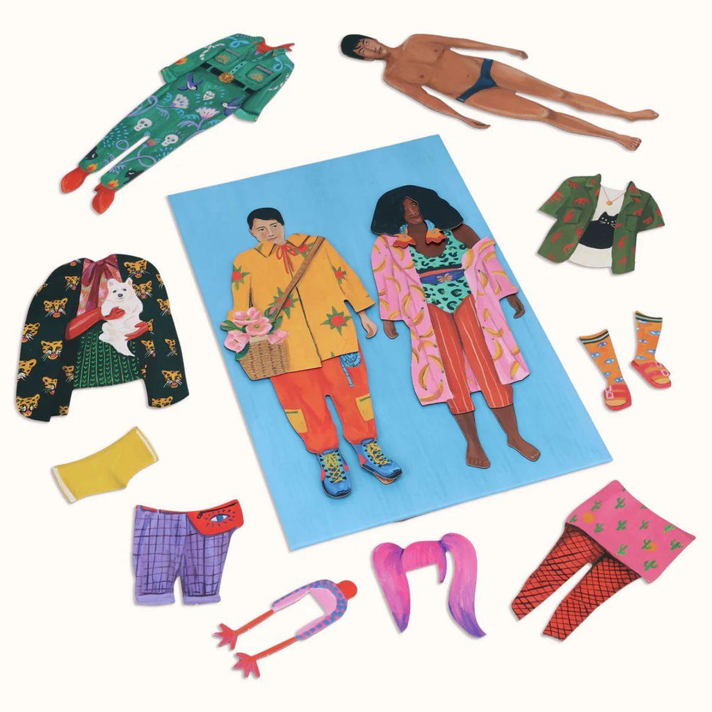 Colorful paper dolls and clothing set on a white background