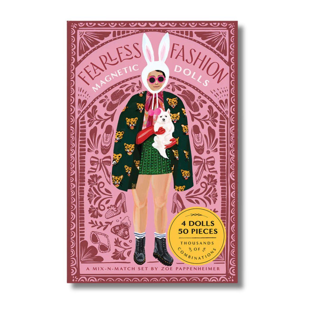 Packaging of Fearless Fashion Dolls with a person wearing a green outfit and bunny ears on a pink background.
