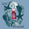 Perfume bottle with 'Evaliah' branding surrounded by seashells and starfish on a blue background.