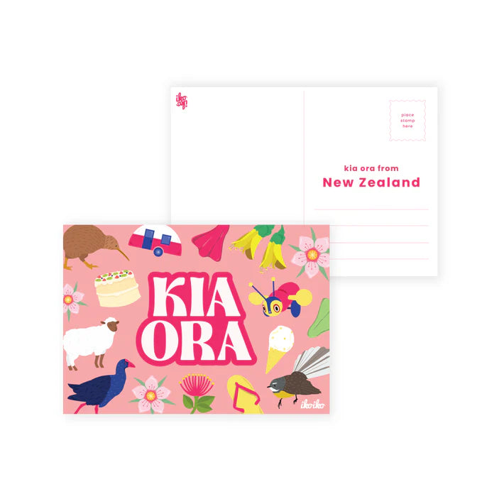 Postcard - Kiwiana Kia Ora Icons Pink