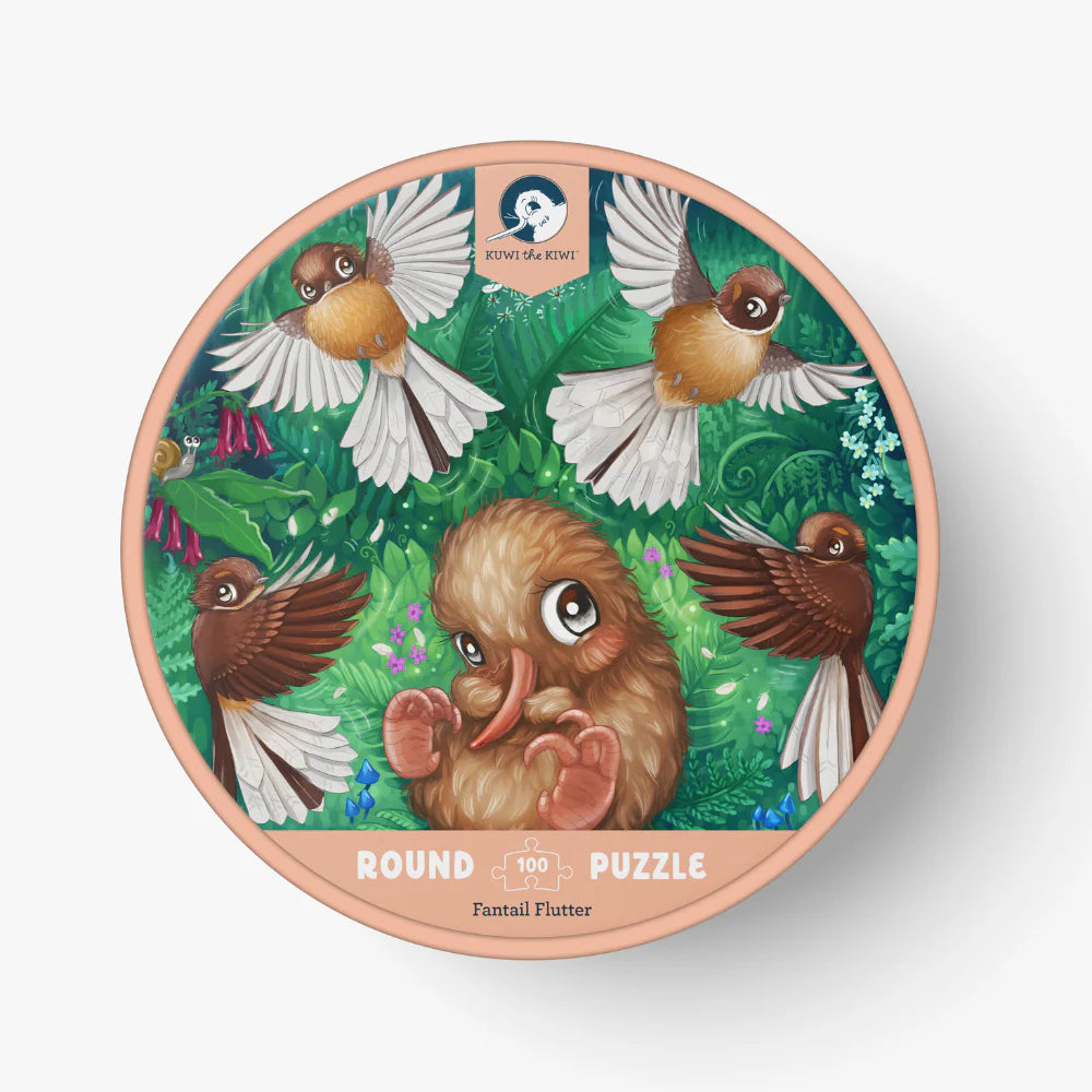 Round puzzle box with bird illustrations on a white background