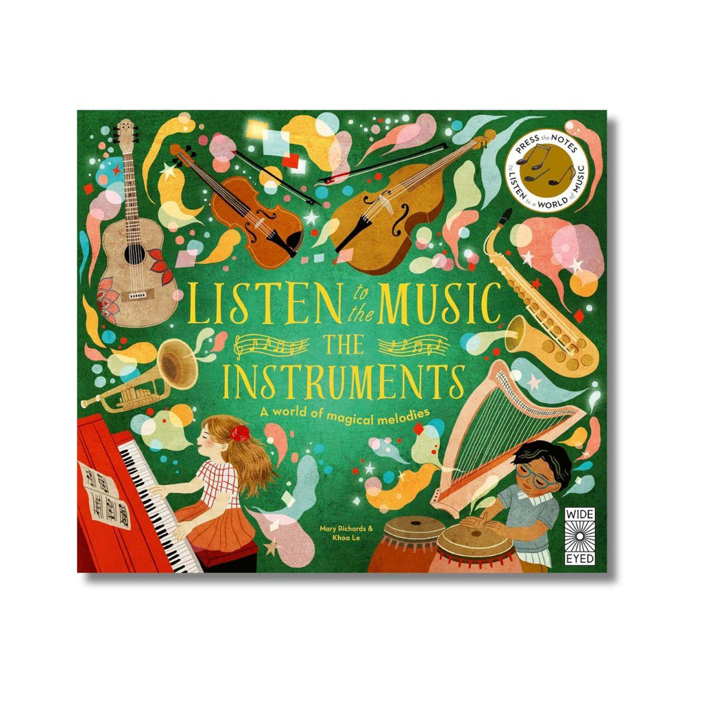 Book cover with musical instruments and children playing instruments on a green background