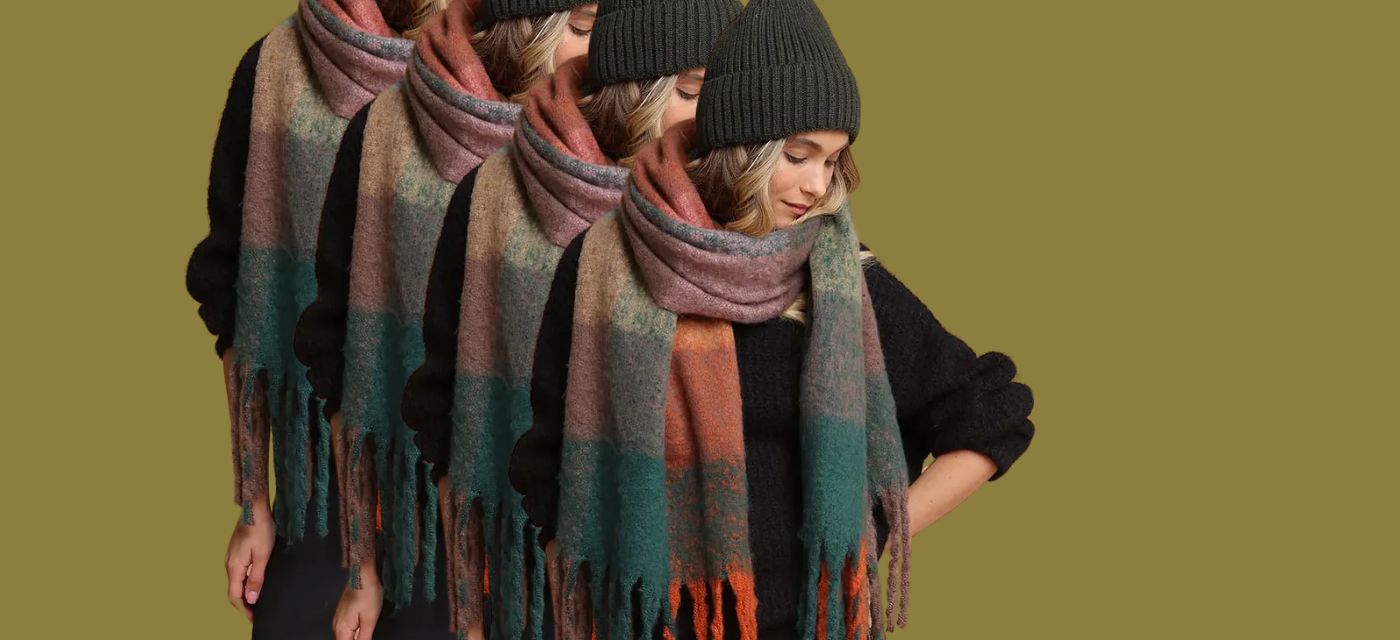 Creative of women replicated for impact wearing dark plaid scarf and khaki beanie on sage green background