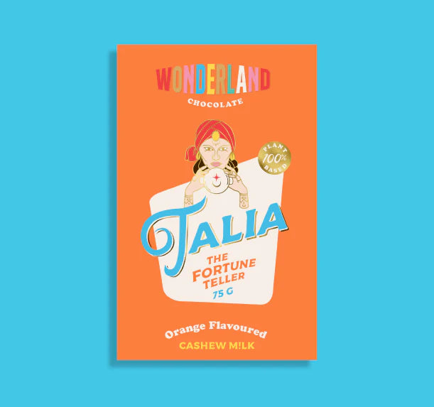 Orange chocolate bar packaging with a illustration of a fortune teller on a blue background