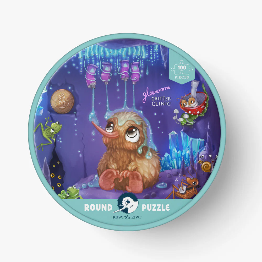 Round puzzle packaging with cartoon characters on a white background