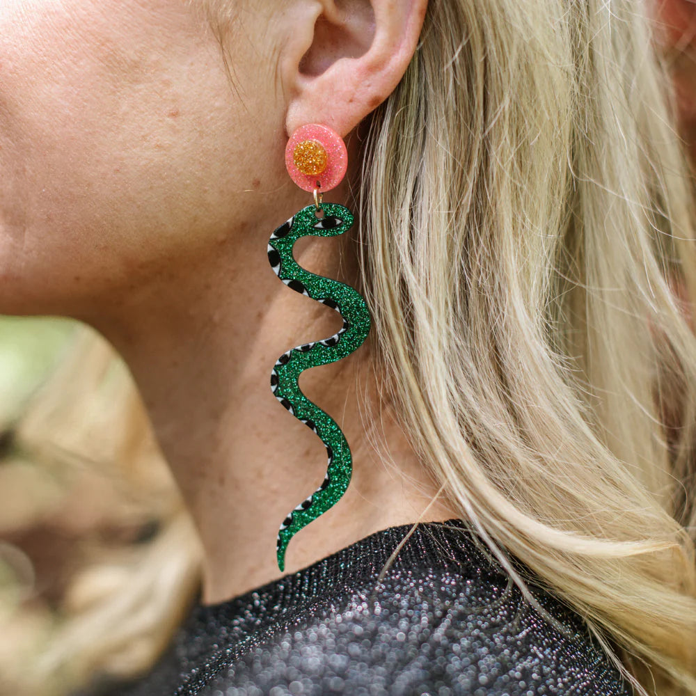 Perspex Earrings - Glitter Green Snakes