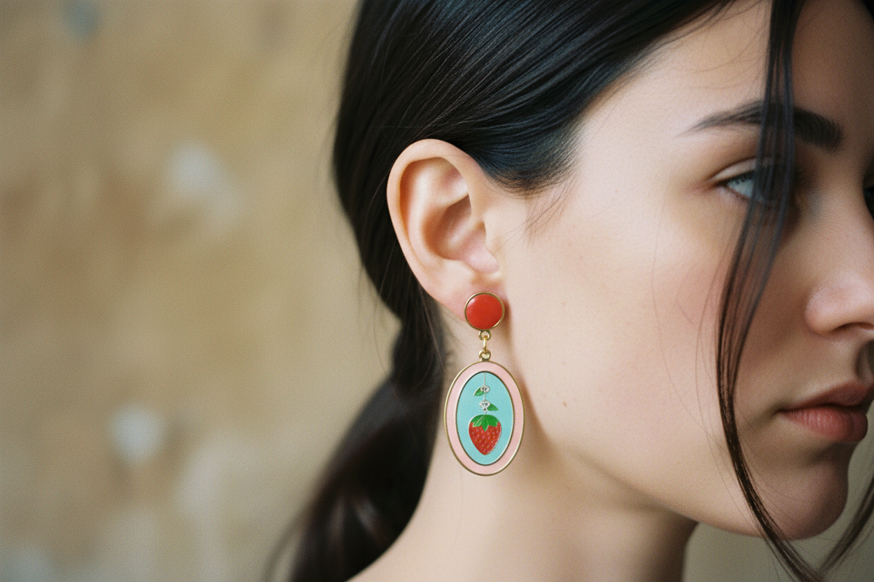 Cloisonné Earrings -  Strawberry Ovals