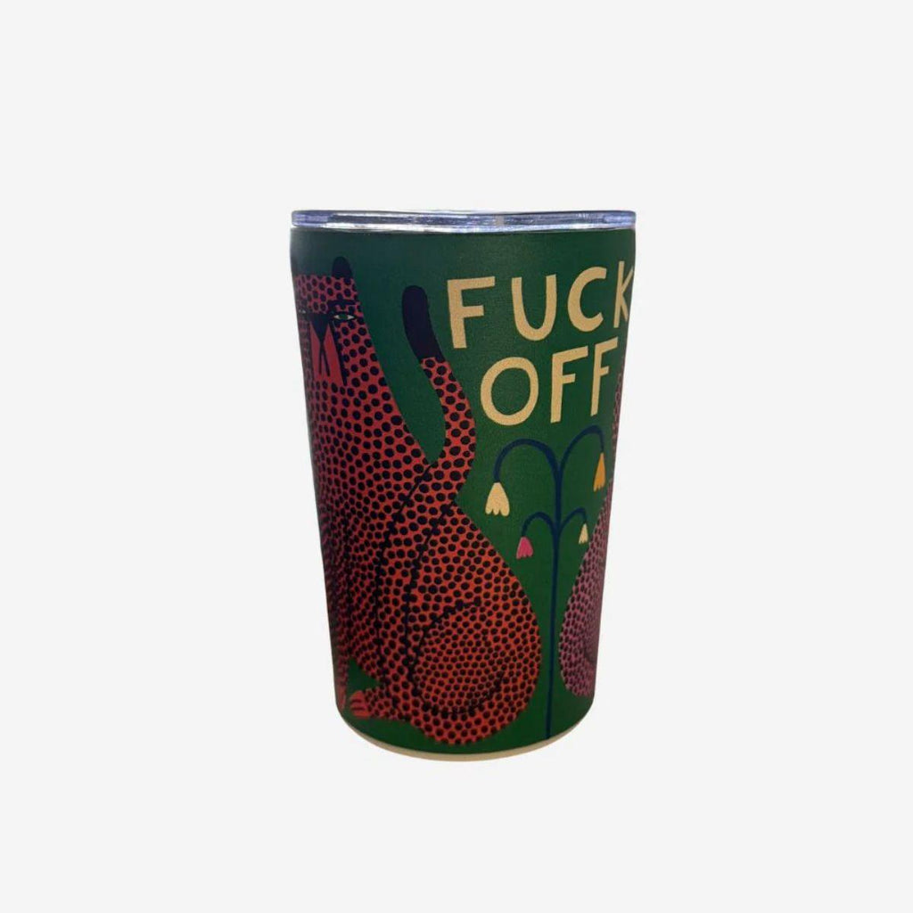 Tumbler with graphic design and text on a white background