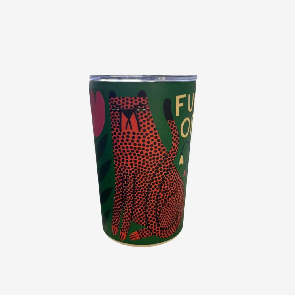 Tumbler with a leopard design and 'fuck off' text on a green background
