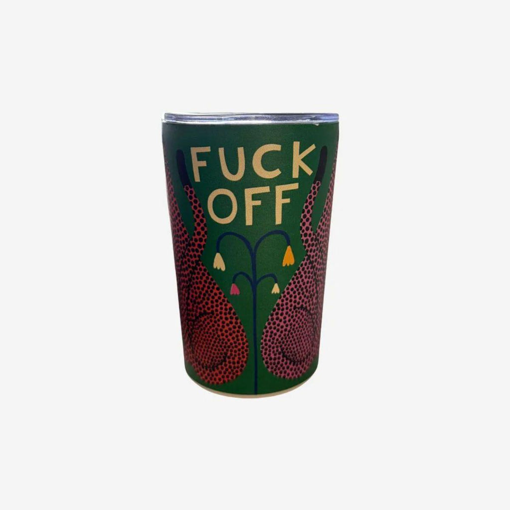 Tumbler with a graphic design and text on a white background