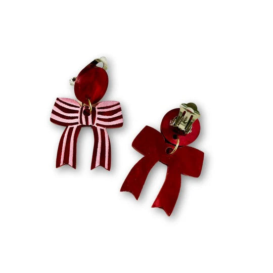 Clip On Bow Earrings - Pink & Red