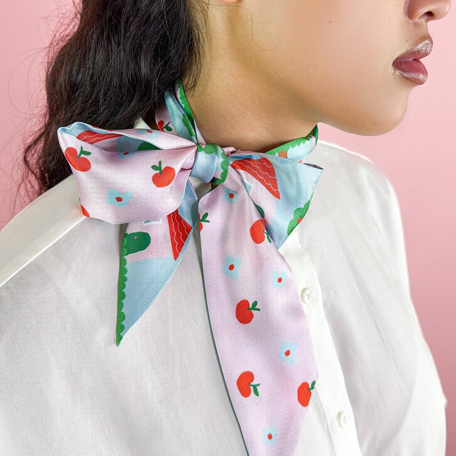 Twilly Ribbon Double Sided Silk Scarf - Houses & Apples