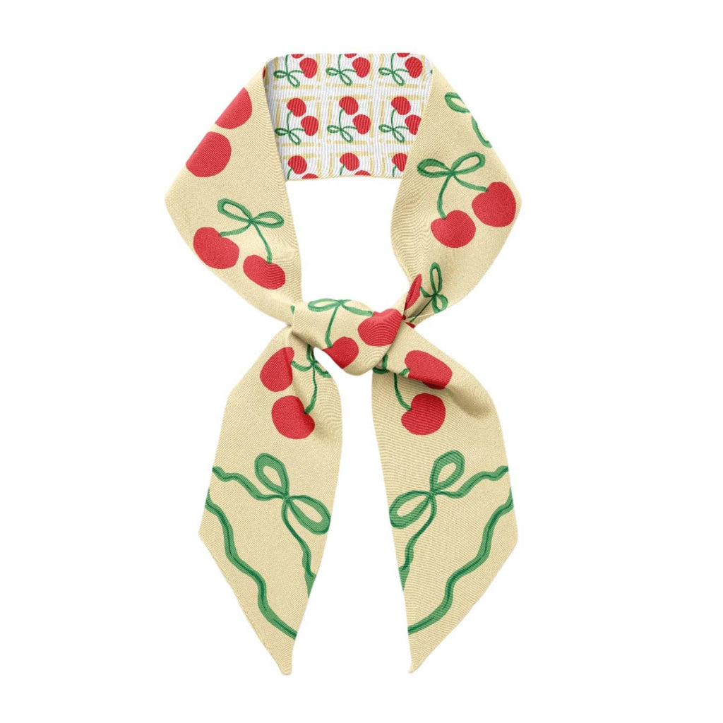 Twilly Ribbon Double Sided Silk Scarf - Cherries & Ribbons