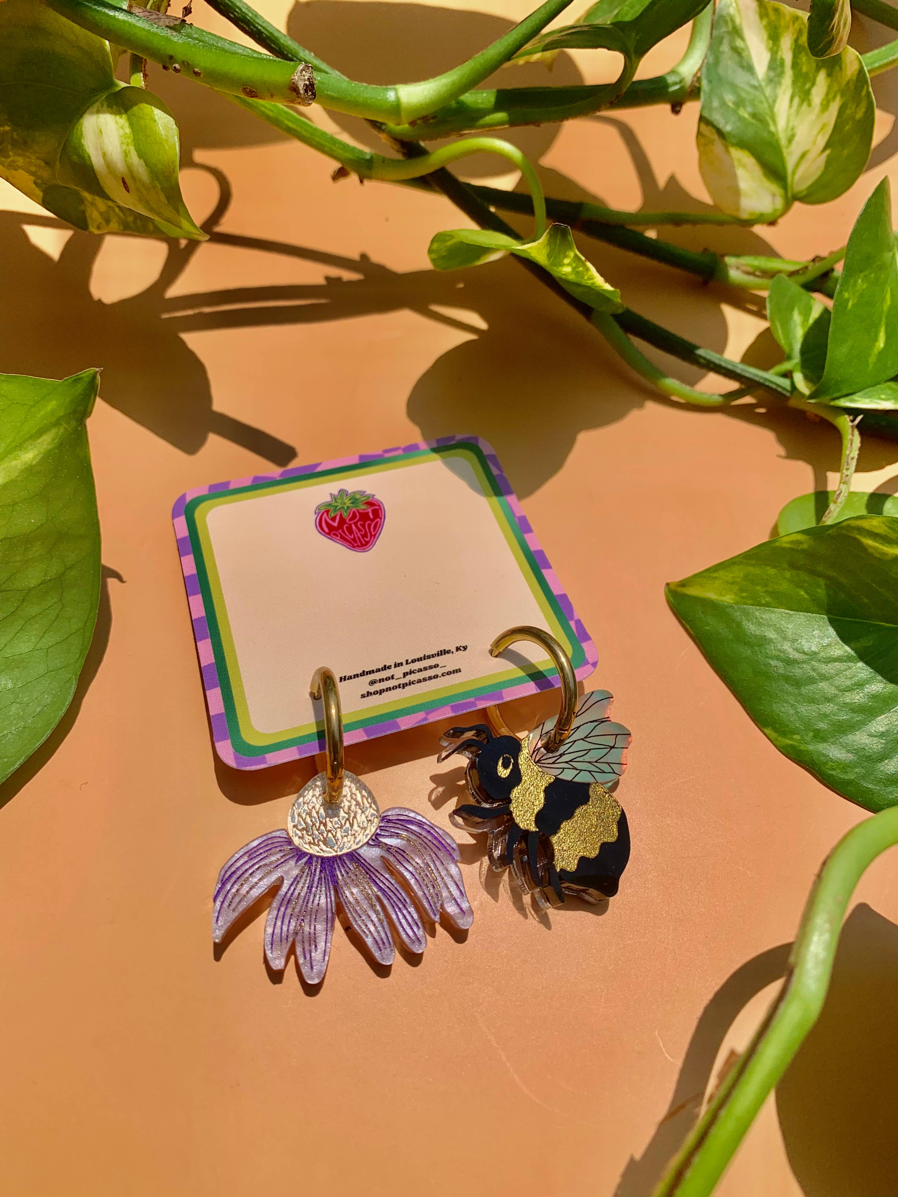 Acrylic Huggie Earrings - Bee & Flower