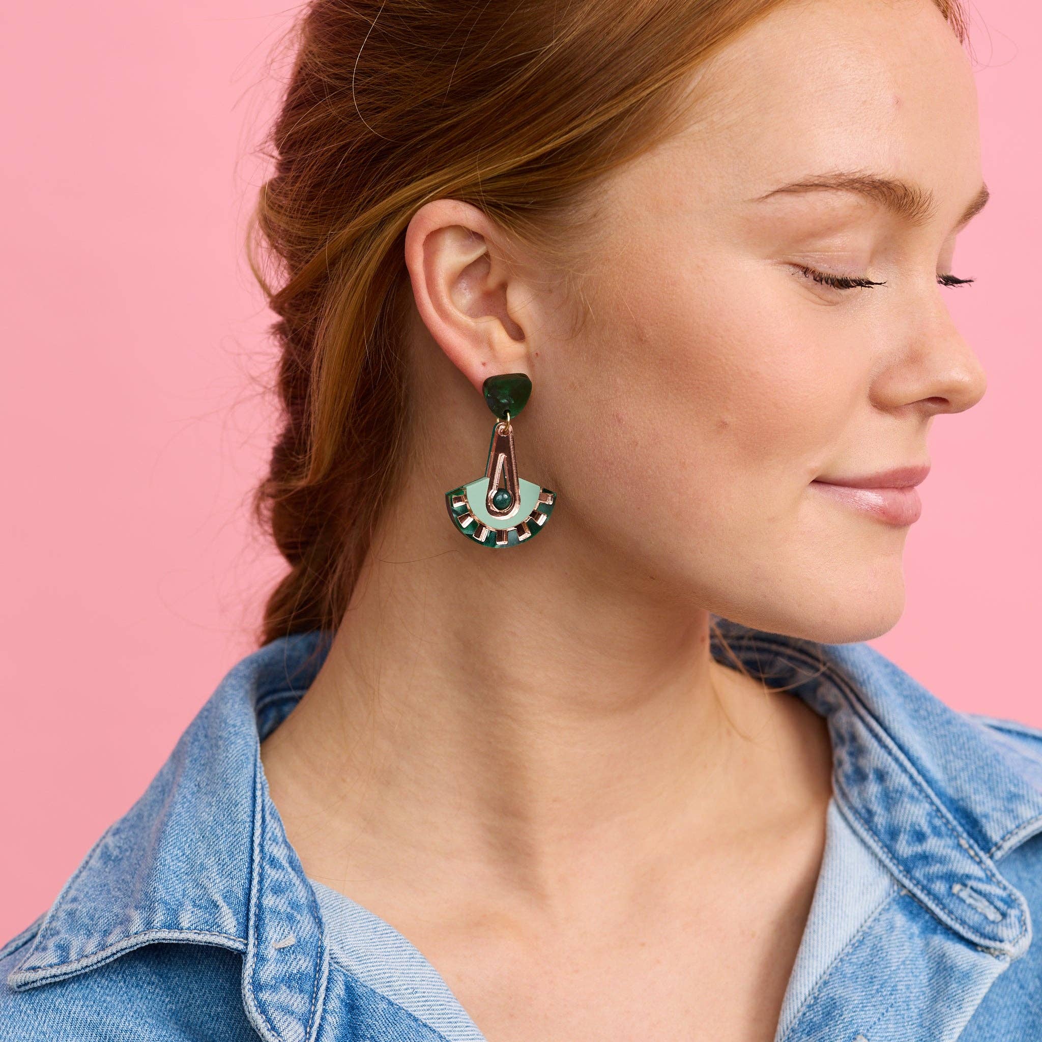 Electra Deco Earrings - Green & Rose