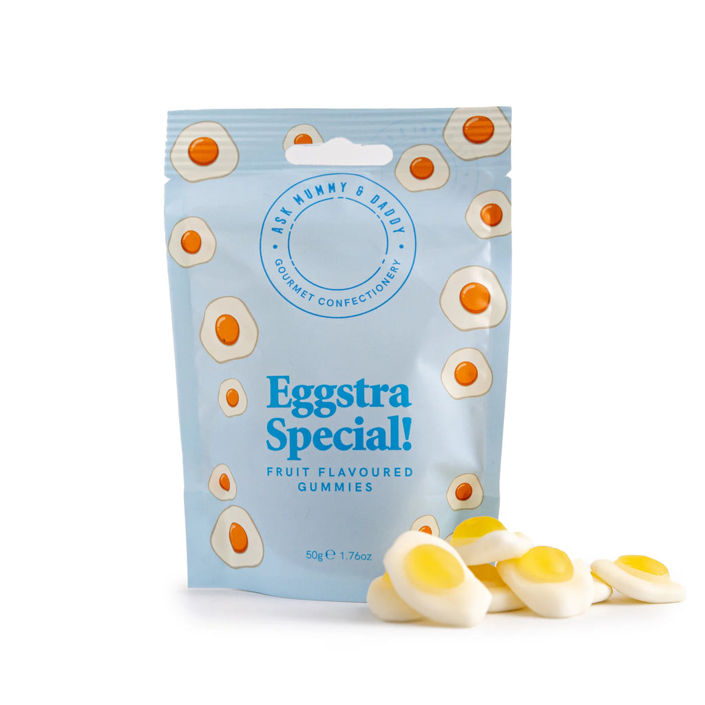 Pack of Eggstra Special! fruit-flavored gummies with a blue packaging design.