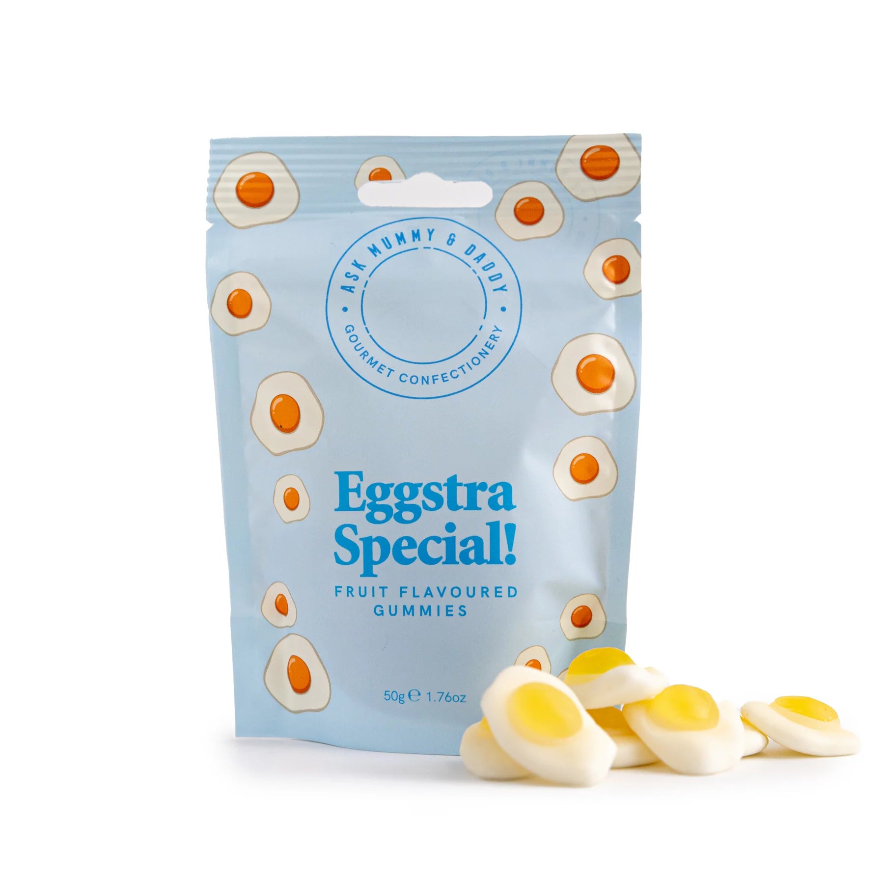 Pack of Eggstra Special! fruit-flavored gummies with a blue packaging design.