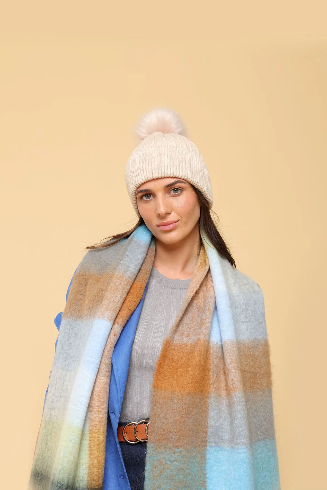 Valentine Wool Blend Beanie With Pompom - Bisque