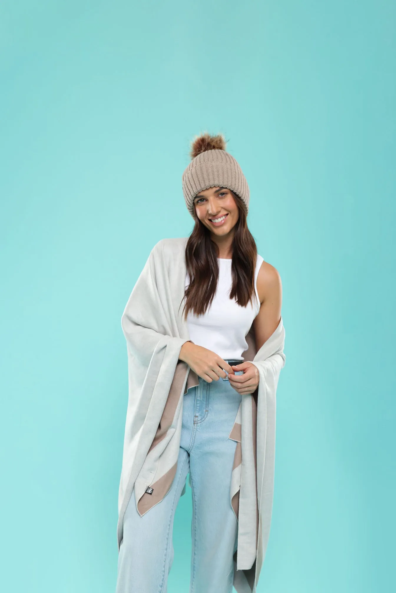 Valentine Wool Blend Beanie With Pompom - Latte