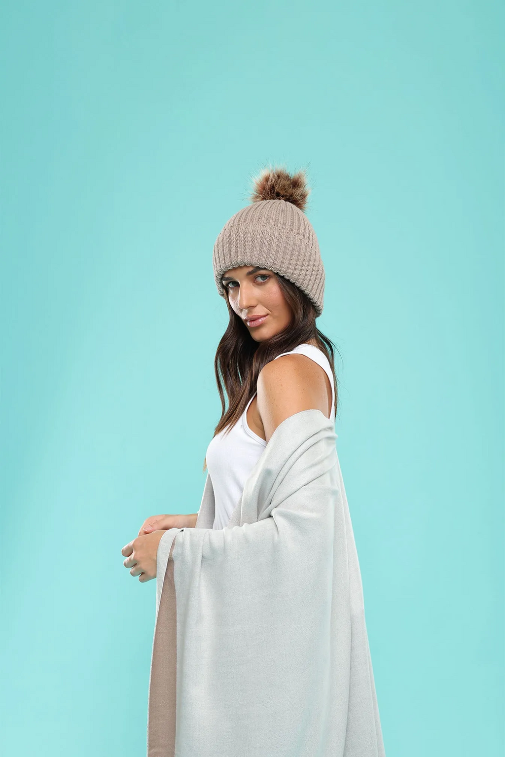 Valentine Wool Blend Beanie With Pompom - Latte