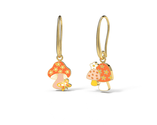 Asymmetrical Cloisonné Drop Earrings - Mushroom Butterfly