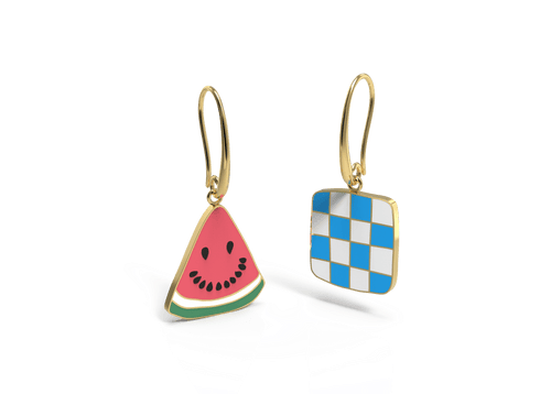 Asymmetrical Cloisonné Drop Earrings - Watermelon Picnic