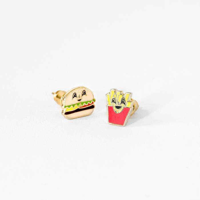 Asymmetrical Cloisonné Stud Earrings - Burger & Fries
