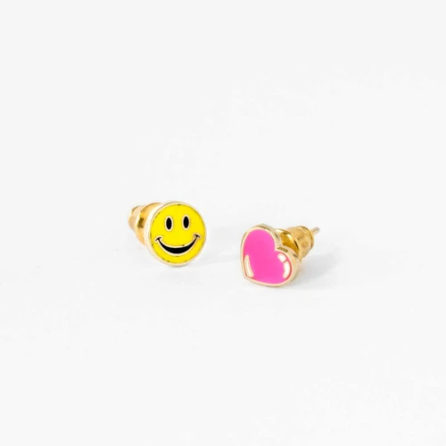 Asymmetrical Cloisonné Stud Earrings - Happy Face & Heart