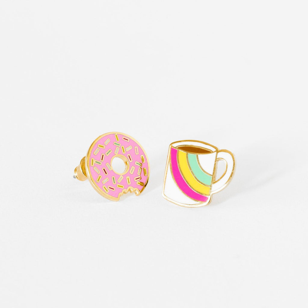 Asymmetrical Cloisonné Stud Earrings - Coffee & Donut