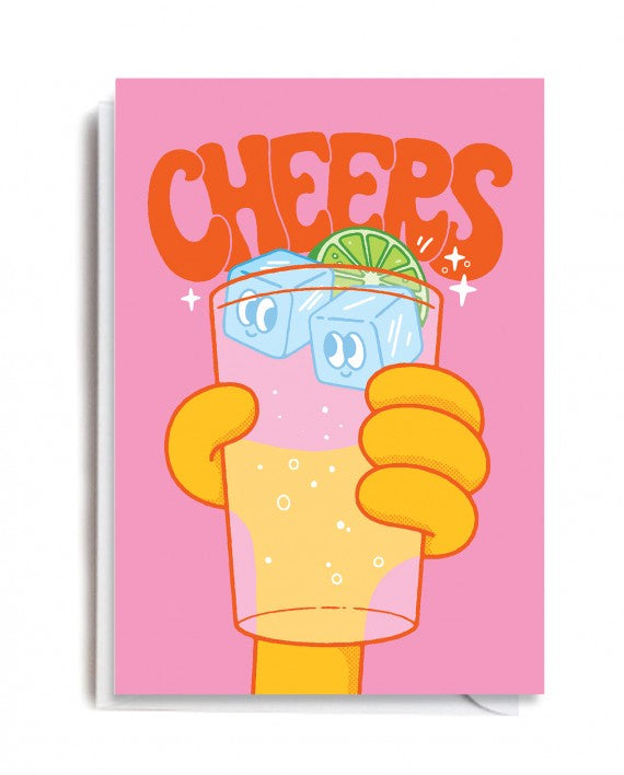 Greeting card with illustration of a hand holding a drink glass with the word 'CHEERS' written above, against a pink background.