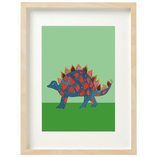 A colorful artistic representation of a dinosaur on an A3 size paper, with a green background and a simplistic, artistic style.