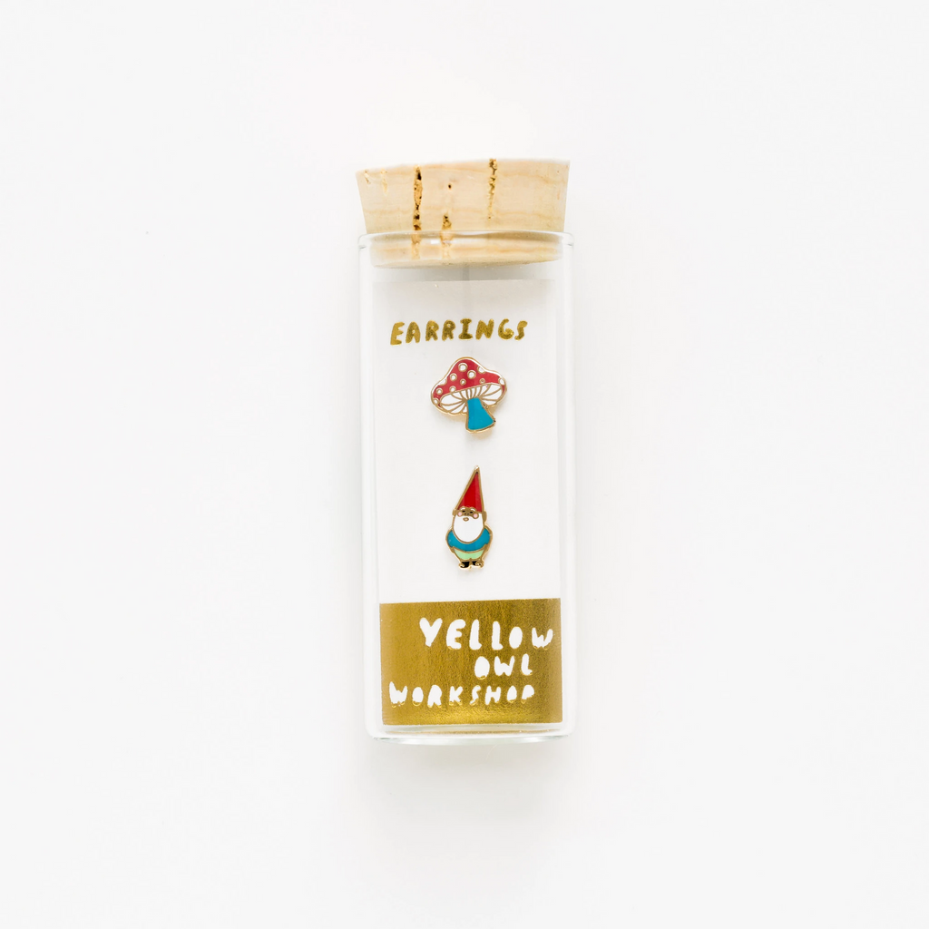Asymmetrical Cloisonné Stud Earrings - Gnome & Mushroom