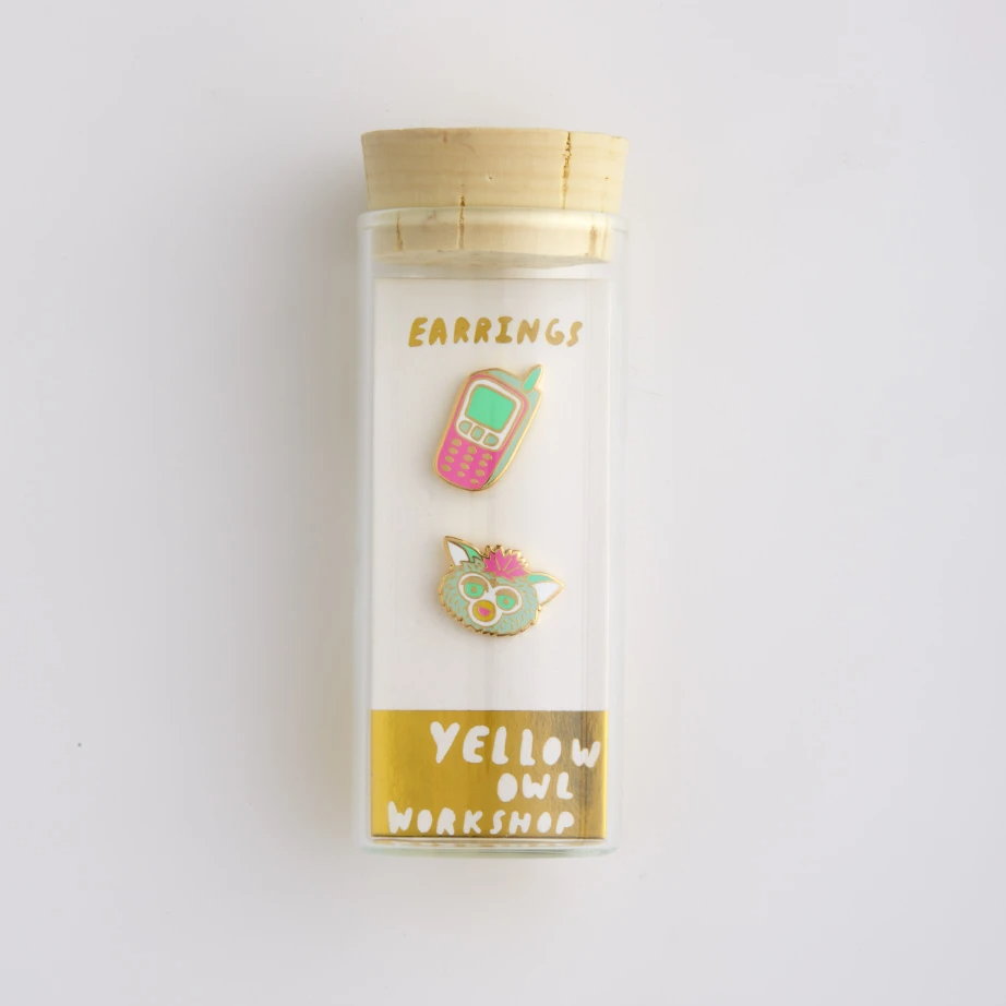 Asymmetrical Cloisonné Stud Earrings - 90's Cell & Furby